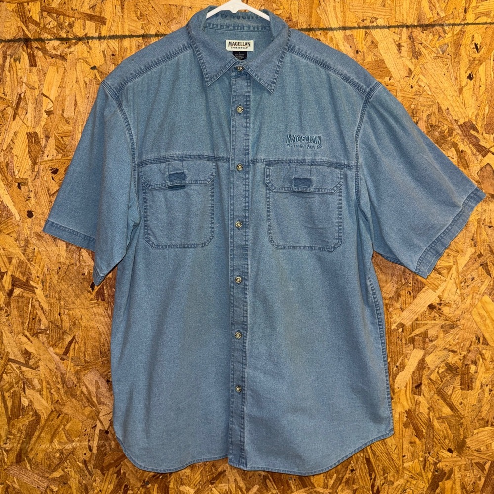 Magellan Sportswear 100% Cotton Blue Denim Button Shirt Outdoor Casual Men Large